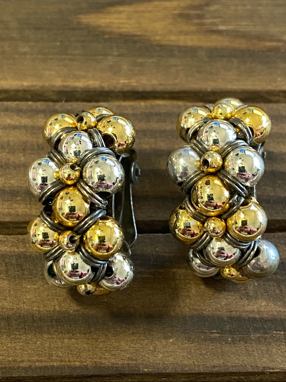 Two-Tone Cluster Beaded Hoop Clip-On Earrings Vintage Gold & Silver Tone